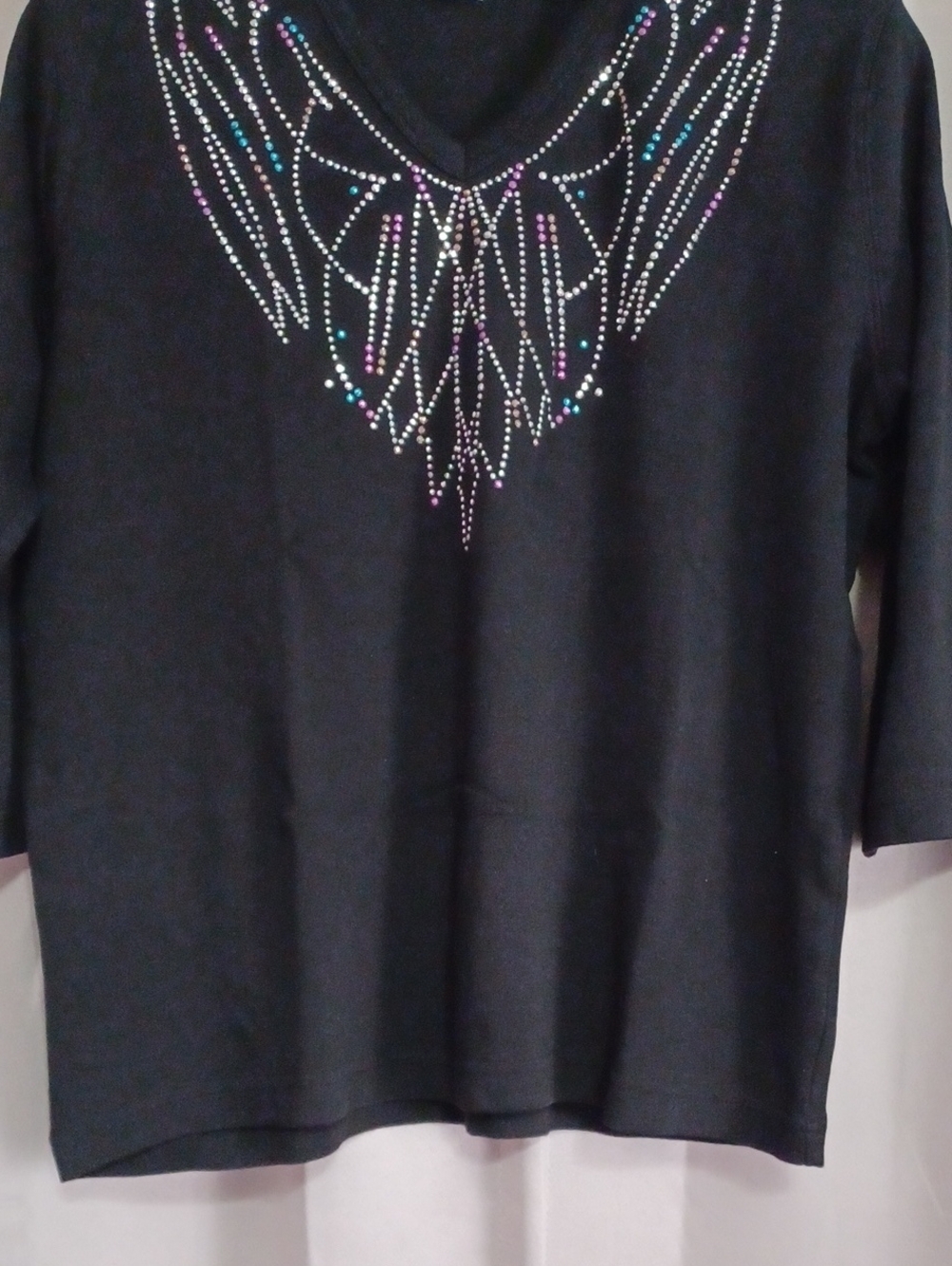 Las Olas Black V-Neck 3/4 Sleeve Combed Cotton Top Silver Teal Purple Rhinestone - Picture 6 of 14